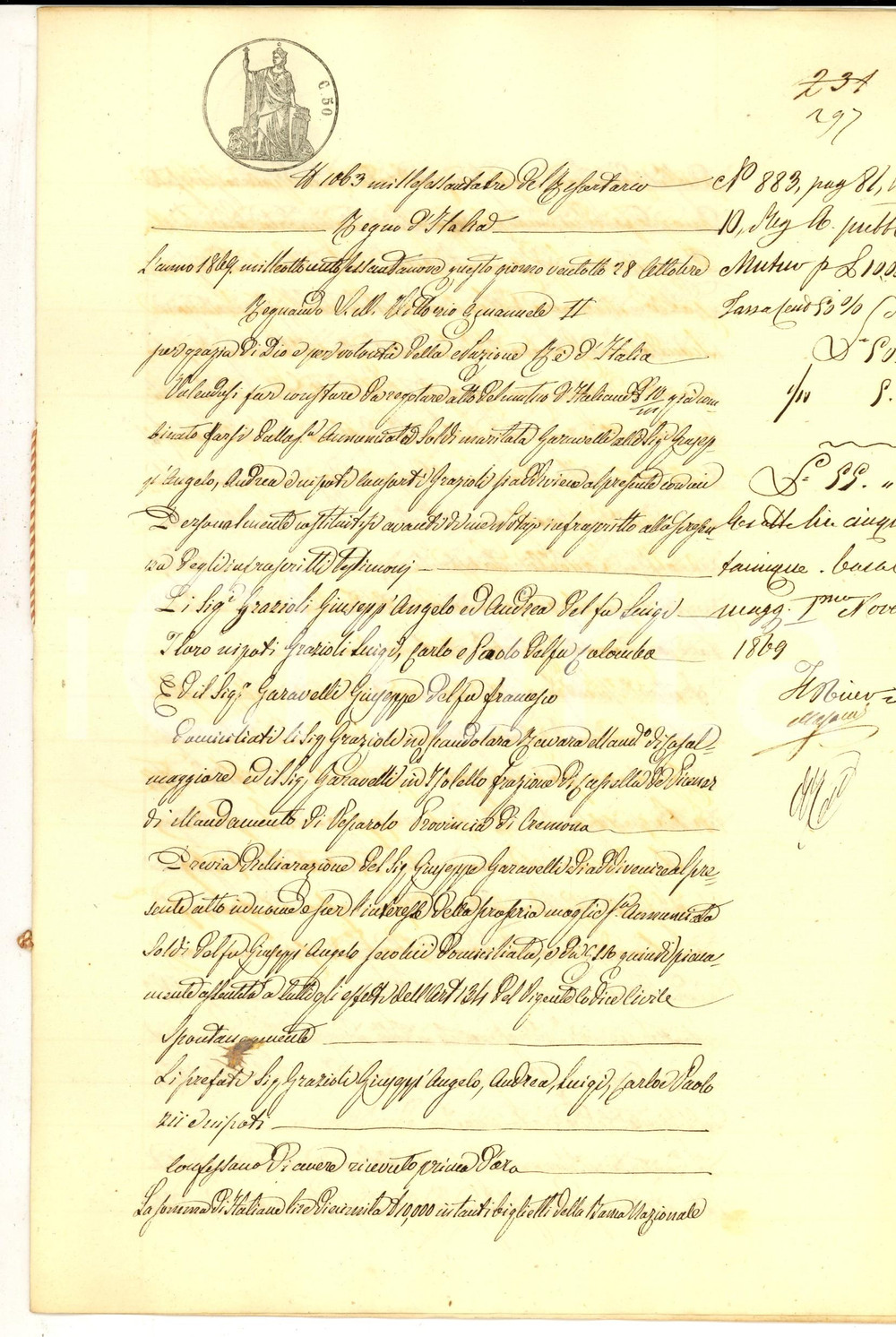 Documento originale, autentico 1869 SCANDOLARA RAVARA Prestito di Giuseppe GARAVELLI alla famiglia GRAZIOLI 1