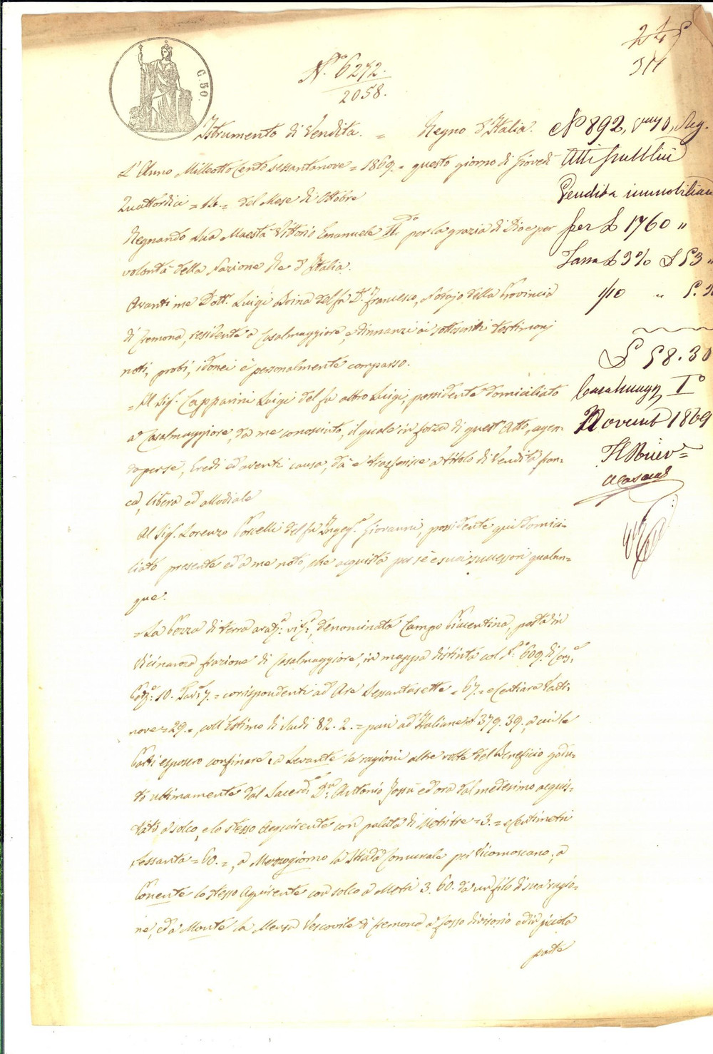 Documento originale, autentico 1869 VICINANZA CR Luigi CAPPARINI vende a Lorenzo PORCELLI campo PIACENTINO 1