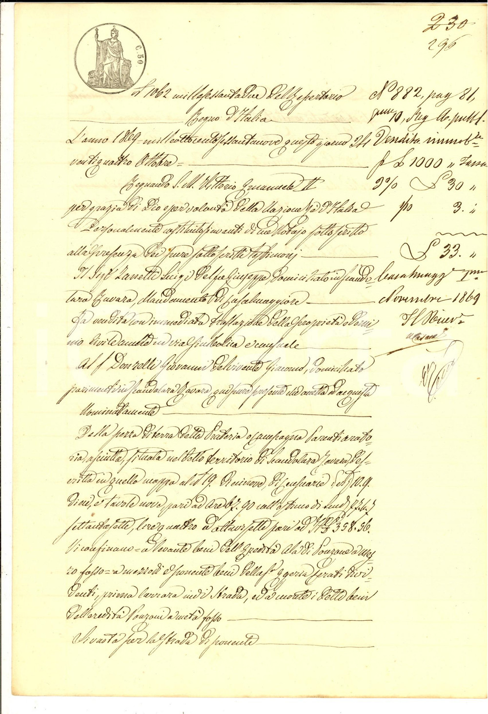 Documento originale, autentico 1869 SCANDOLARA RAVARA Luigi ZANETTI vende campagna PARENTI a Giovanni DONZELLI 1