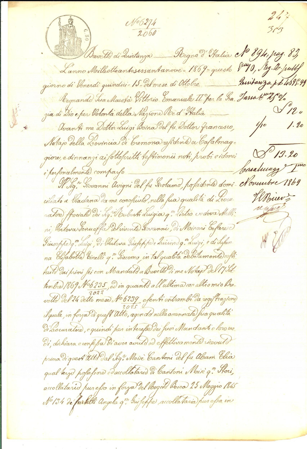 Documento originale, autentico 1869 CASALMAGGIORE Quietanza del procuratore Giovanni AVIGNI a MoisÃ¨ CANTONI 1