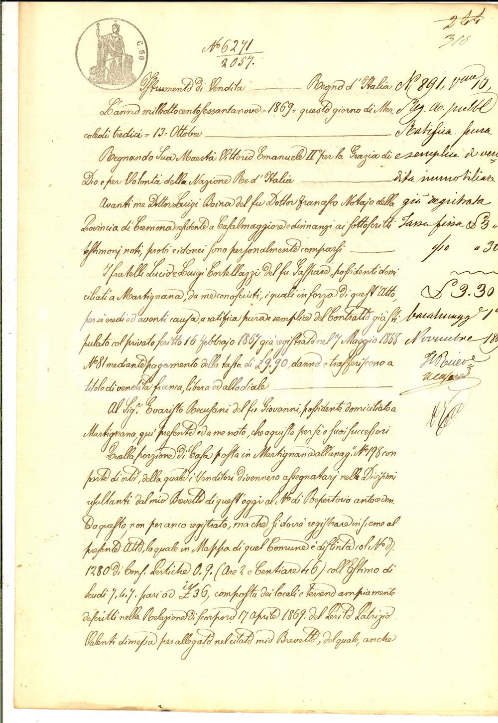 Documento originale, autentico 1869 MARTIGNANA DI PO Lucio e Luigi CORTELLAZZI vendono casa a Evaristo RECUSANI 1