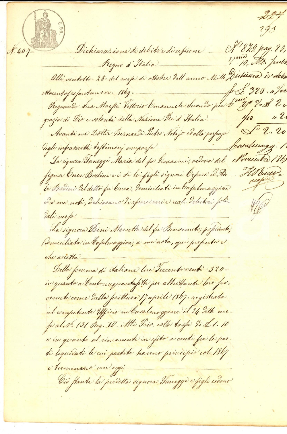 Documento originale, autentico 1869 SCANDOLARA RAVARA Dichiarazione debito di Maria TANEGGI verso Marietta BINI 1