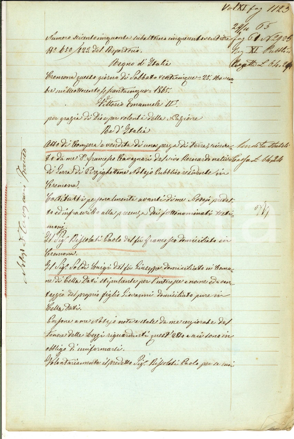 Documento originale, autentico 1865 CELLA DATI CR Paolo BISSOLATI vende a Giovanni SOLDI campo CHIOPELLA 1