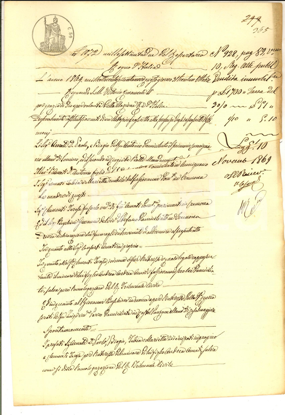 Documento originale, autentico 1869 CINGIA DE  BOTTI Fratelli AMATI vendono terra a Egeria CERATI DANNEGGIATO 1