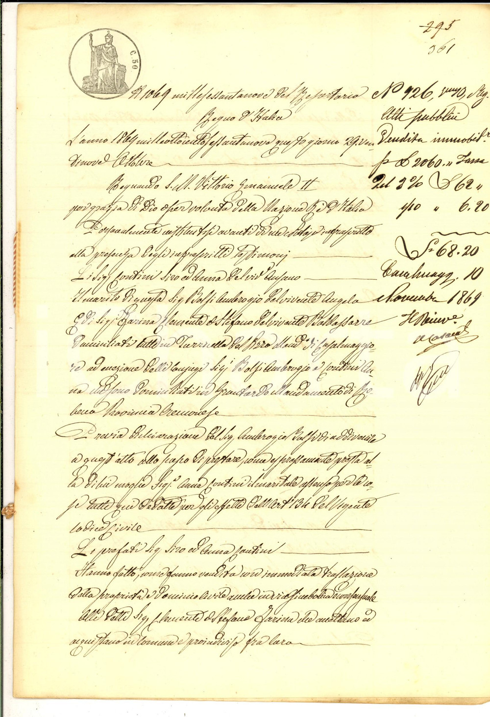 Documento originale, autentico 1869 TORRICELLA DEL PIZZO Siro e Anna CONTINI vendono casa a Clemente FARINA 1