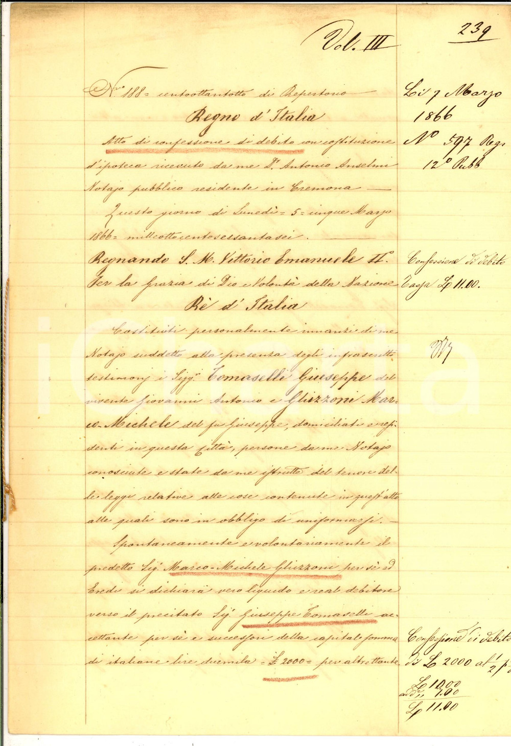 Documento originale, autentico 1866 CREMONA Confessione debito Marco Michele GHIZZONI verso Giuseppe TOMASELLI 1