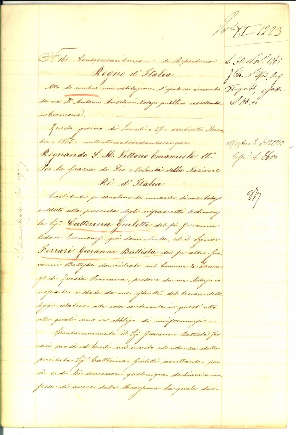 Documento originale, autentico 1865 CREMONA Atto di mutuo tra Giovanni Battista FERRARI e Caterina GIULETTI 1