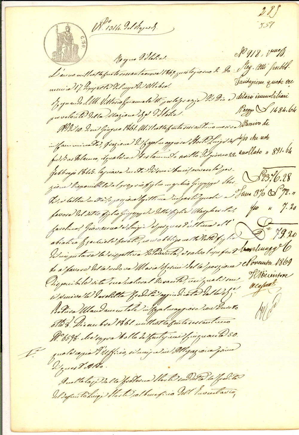 Documento originale, autentico 1869 CASALMAGGIORE Tacitazione quote immobiliari ereditÃ  Giuseppe STORTI 1