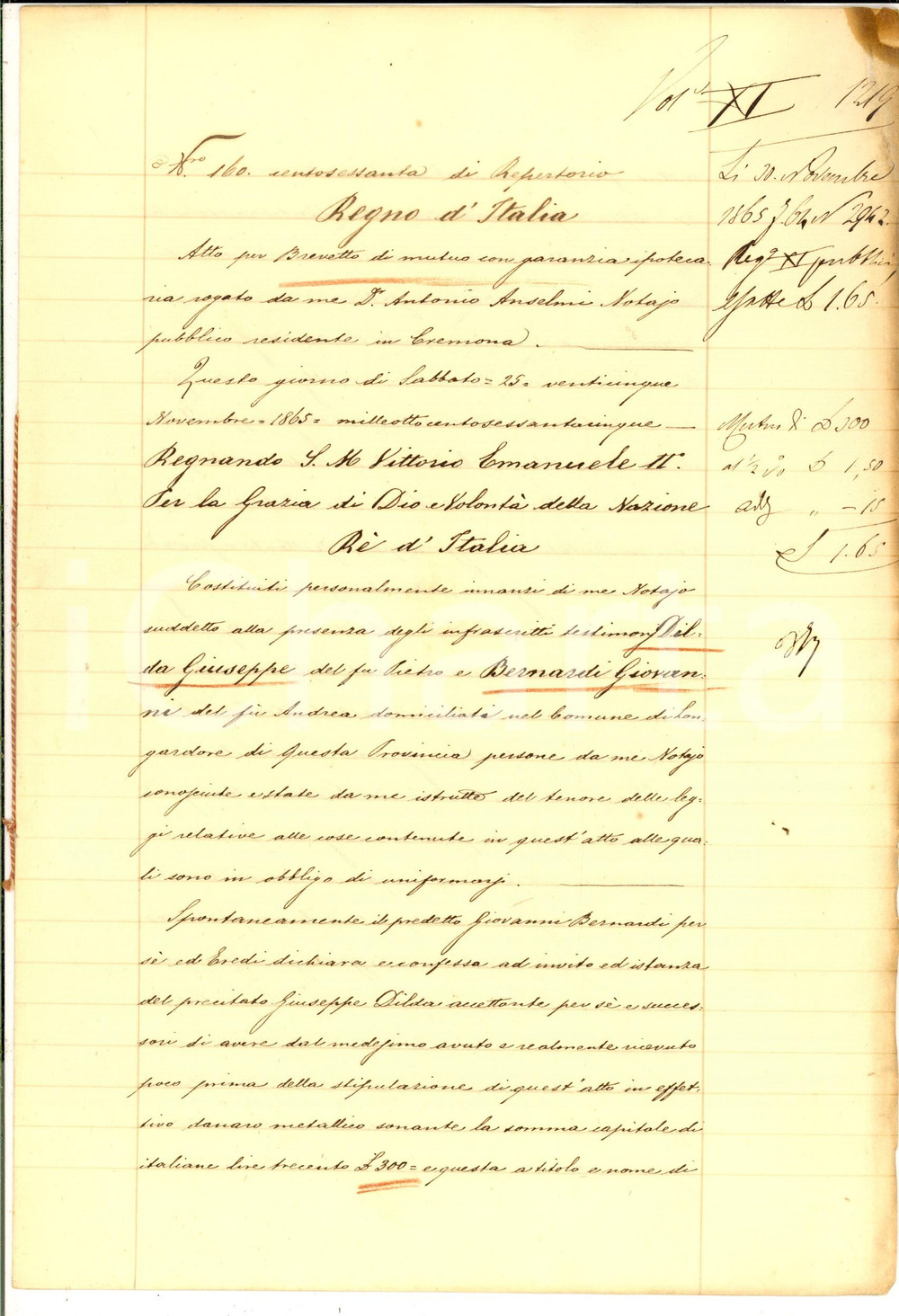 Documento originale, autentico 1865 LONGARDORE CR Atto per brevetto mutuo Giovanni BERNARDI  Giuseppe DILDA 1