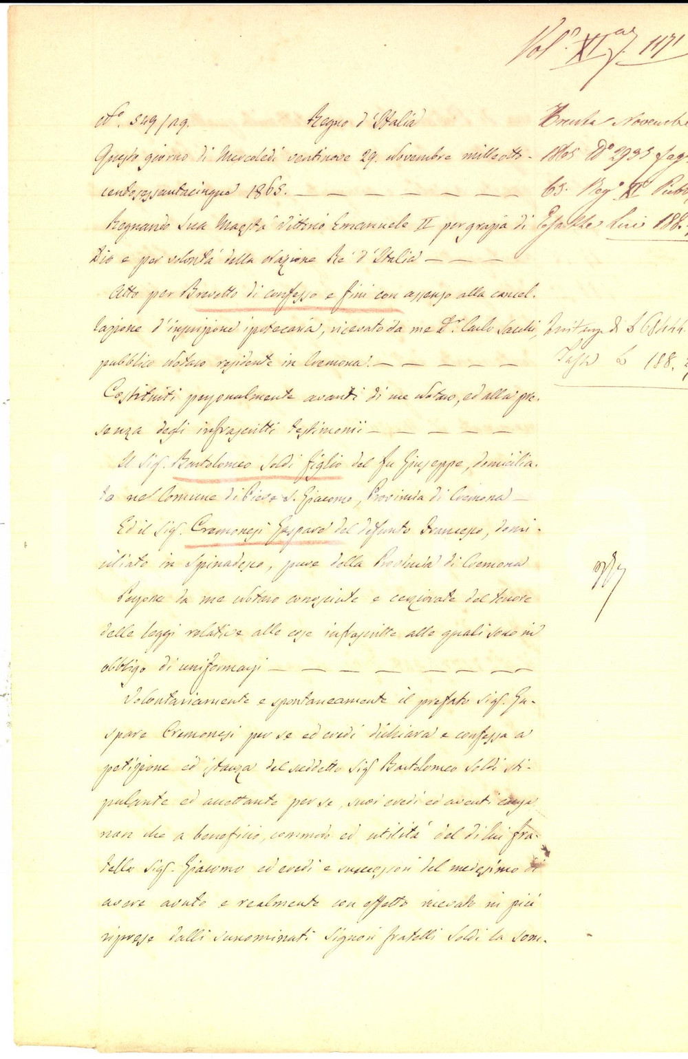 Documento originale, autentico 1865 PIEVE SAN GIACOMO Brevetto di confesso Bartolomeo SOLDI  Gaspare CREMONESI 1
