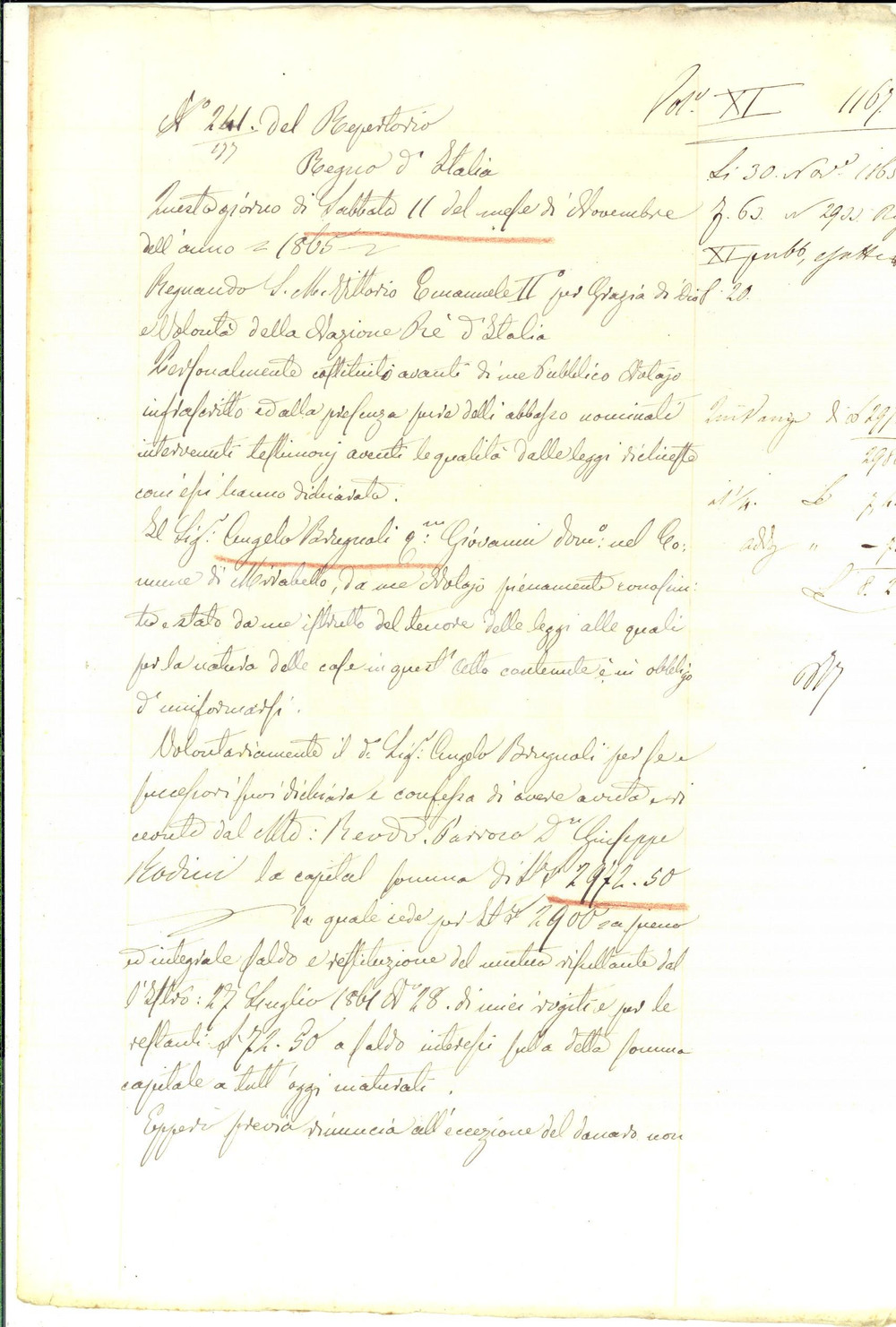 Documento originale, autentico 1865 MIRABELLO CIRIA / CREMONA Quietanza Angelo BREGNOLI a don Giuseppe RODINI 1
