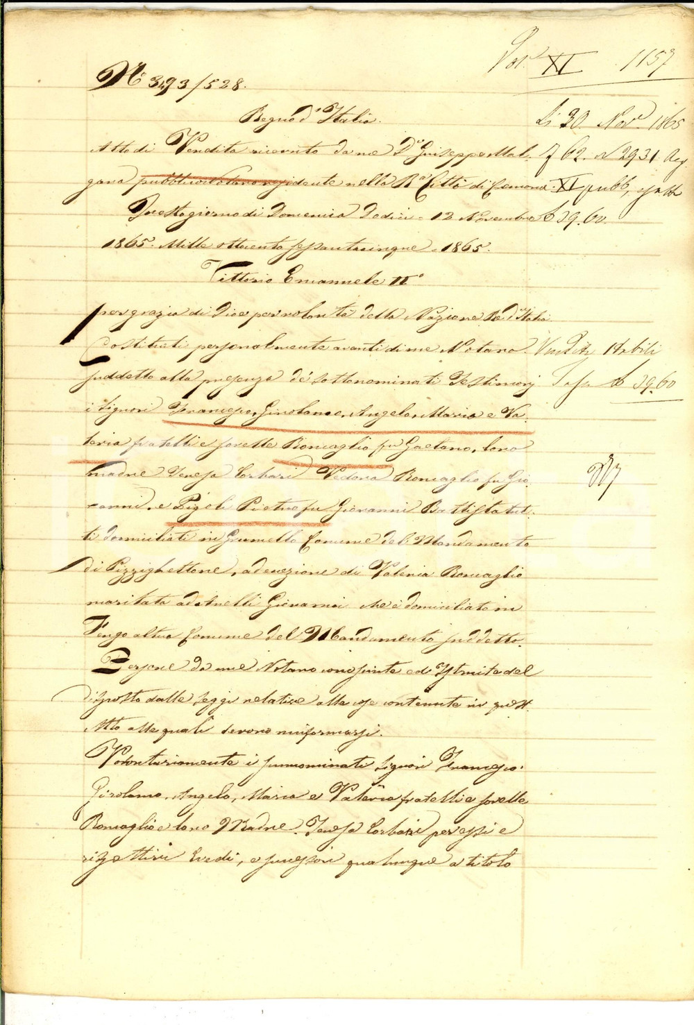 Documento originale, autentico 1865 GRUMELLO CREMONESE Fratelli ROMAGLIO vendono caseggiato a Pietro PIGOLI 1