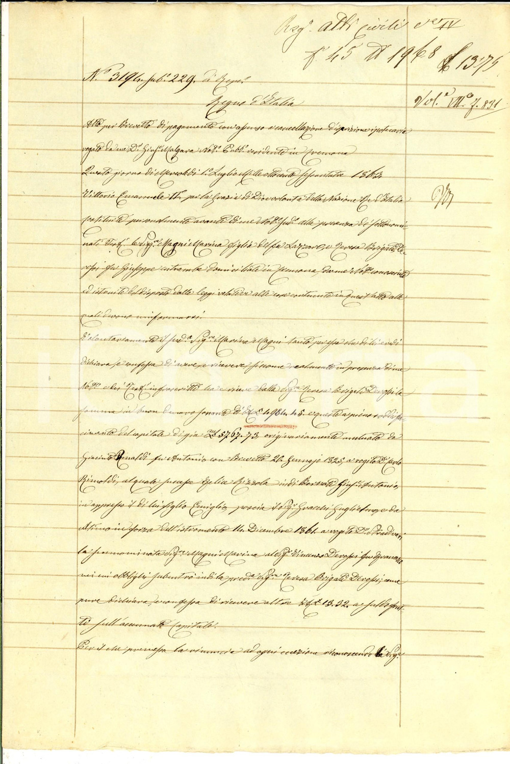 Documento originale, autentico 1863 CREMONA Quietanza di Marina MAGNI a Giacinto RINALDI per saldo debito 1