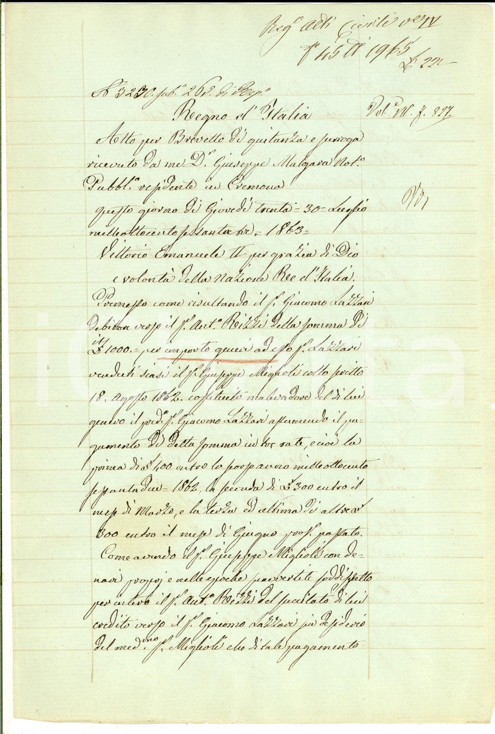 Documento originale, autentico 1863 CREMONA Quietanza di Antonio RIZZI a Giuseppe MIGLIOLI per saldo debito 1