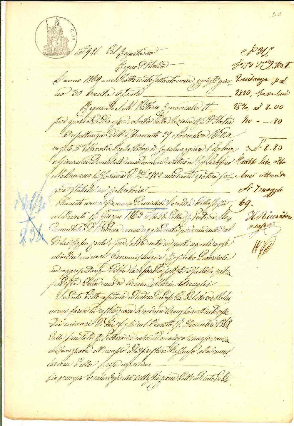 Documento originale, autentico 1869 CALVATONE Quietanza famiglia DEMICHELI a Serafino MALINVERNO per debito 1