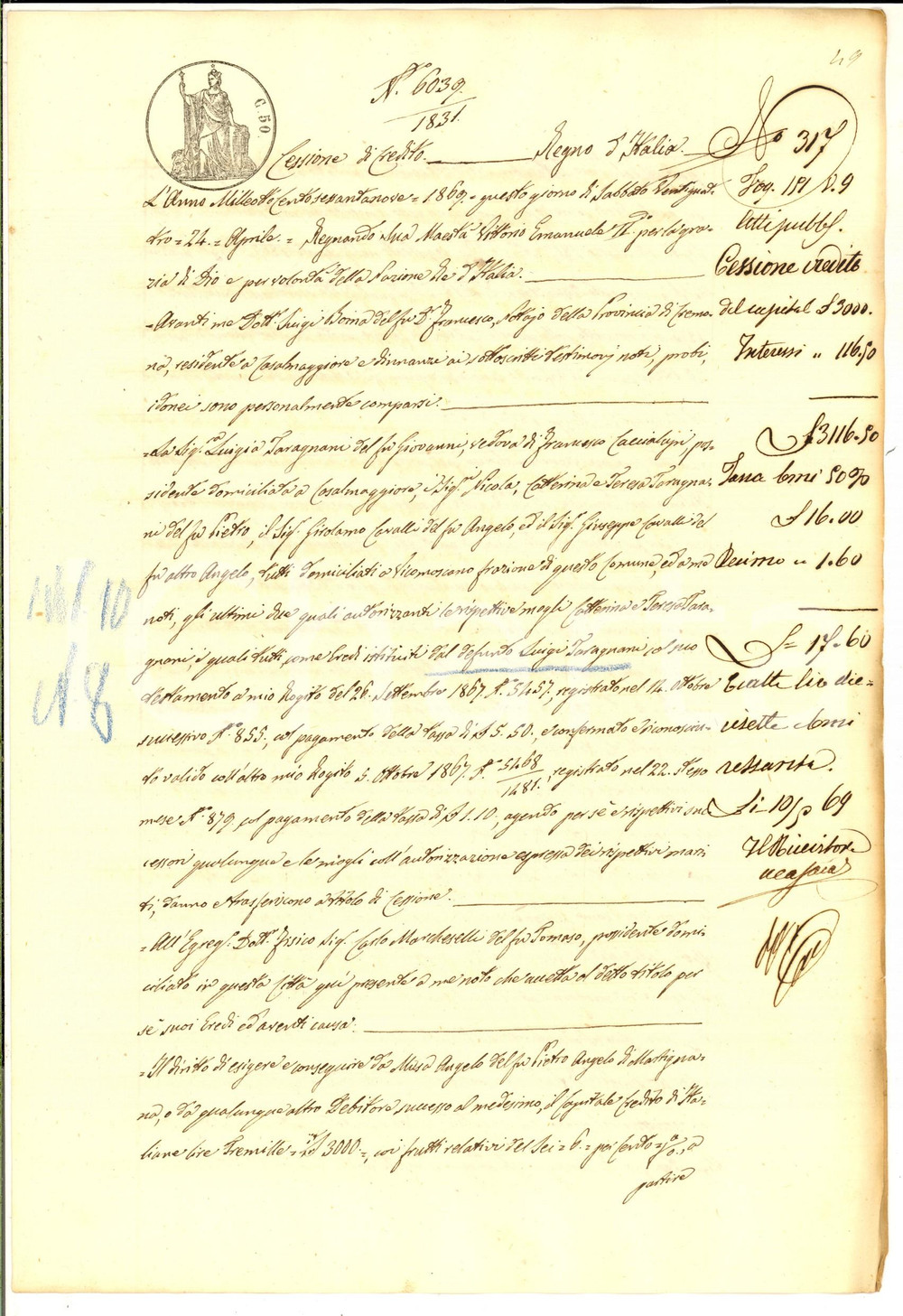 Documento originale, autentico 1869 CASALMAGGIORE Cessione credito Luigia TARAGNANI al fisico Carlo MARCHESELLI 1