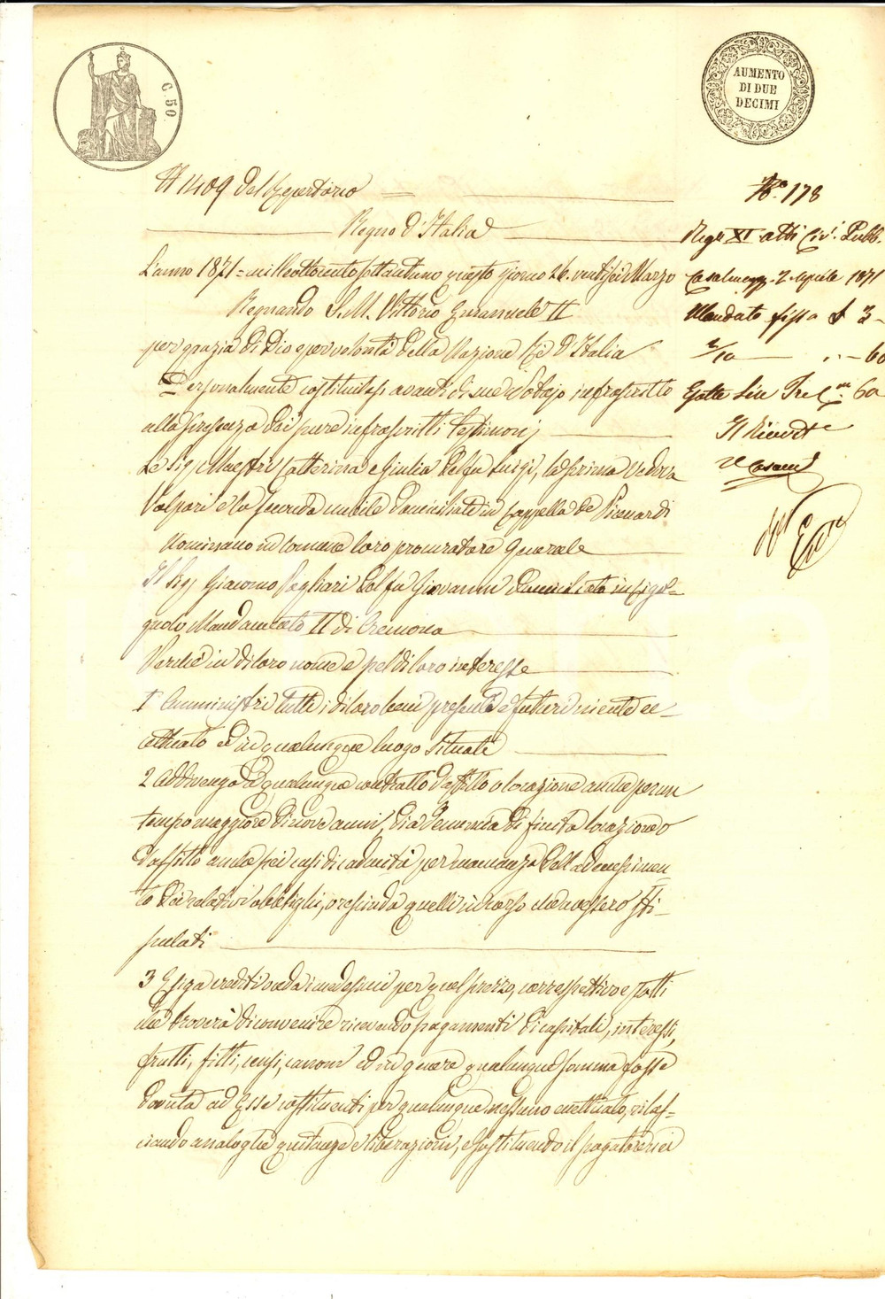 Documento originale, autentico 1871 CAPPELLA DE  PICENARDI Caterina MAESTRI nomina procuratore Giacomo PAGLIARI 1
