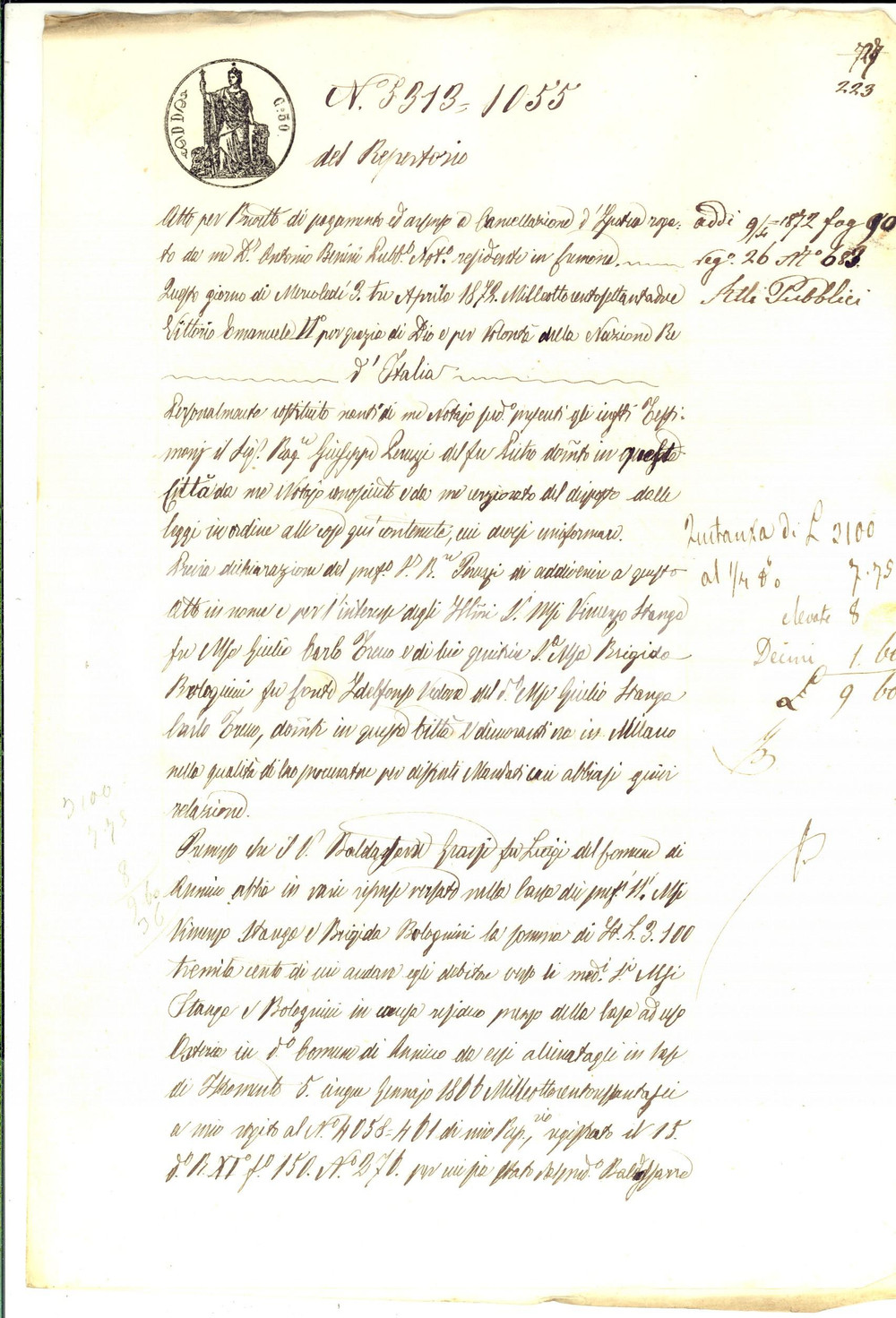 Documento originale, autentico 1872 CREMONA Quietanza marchese Vincenzo STANGA a Baldassarre GRASSI Manoscritto 1