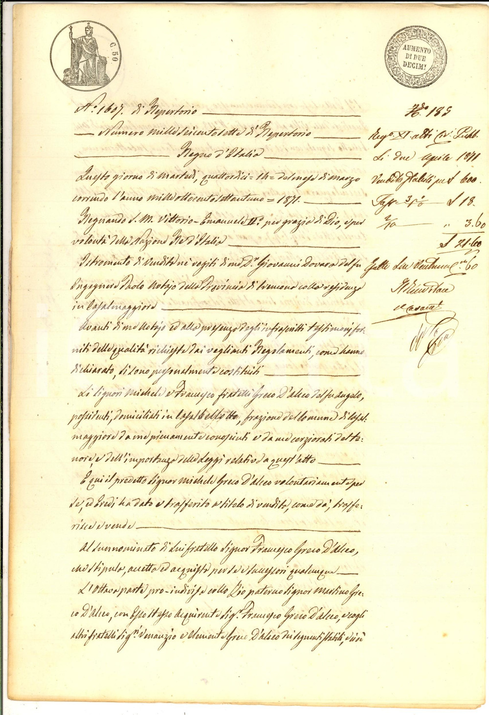 Documento originale, autentico 1871 CASALBELLOTTO Michele e Francesco GRECO D ALCEO vendono porzione di casa 1