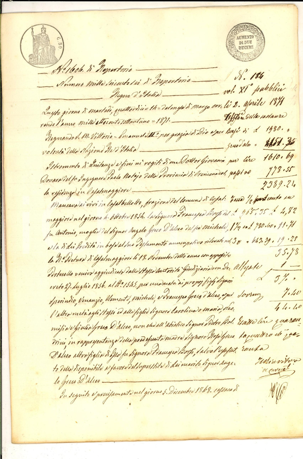 Documento originale, autentico 1871 CASALBELLOTTO Quietanza su ereditÃ  del defunto Angelo GRECO D ALCEO 1