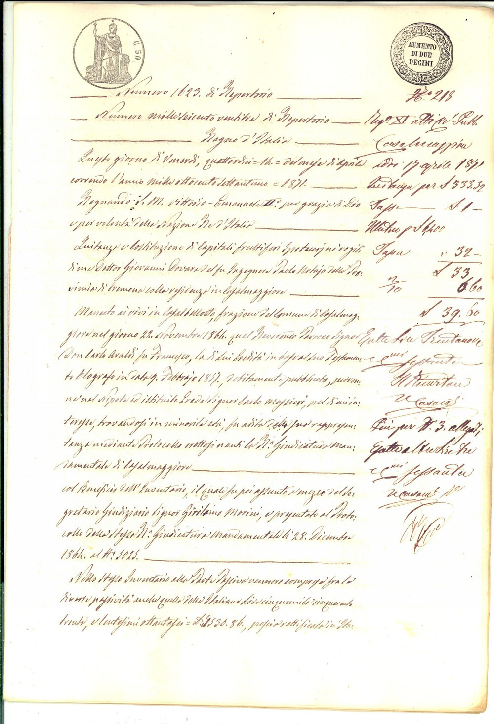 Documento originale, autentico 1871 CASALBELLOTTO Mutuo tra Marta RIZZI e minorenne emancipato Carlo MAZZIERI 1
