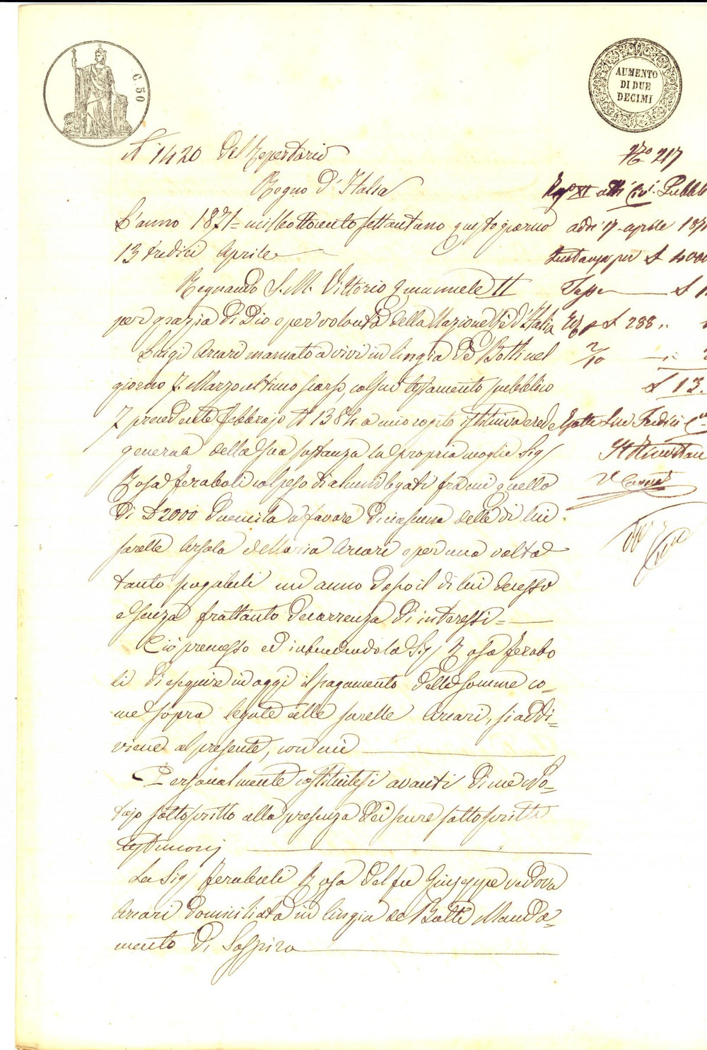 Documento originale, autentico 1871 CINGIA DE  BOTTI Quietanza Rosa FERABOLI a sorelle Orsola e Maria ARCARI 1