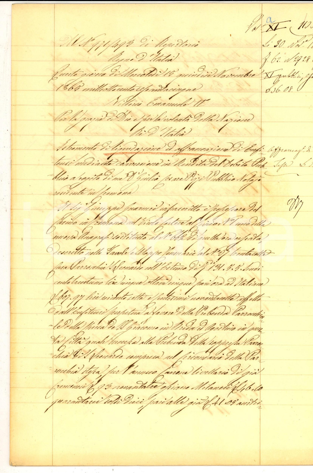 1865 CREMONA Affrancazione di enfiteusi Giuseppe GUARNERI pro chiesa S. Giacomo Atto notarile d'epoca.CONDIZIONI: G    originale e autentica 1