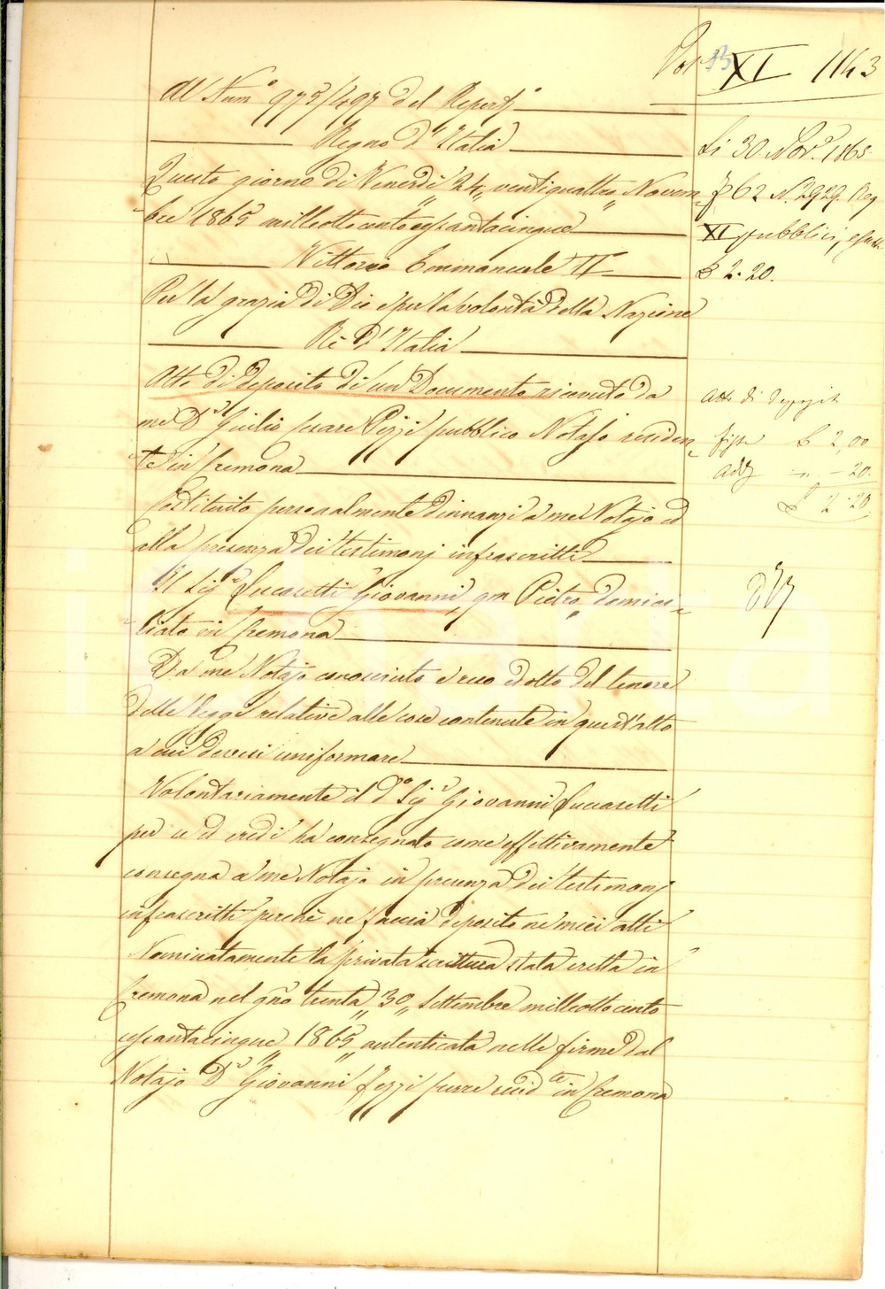 Documento originale, autentico 1865 CREMONA Deposito costituzione dote Giovanni LUCASETTI pro figlia Angiolina 1