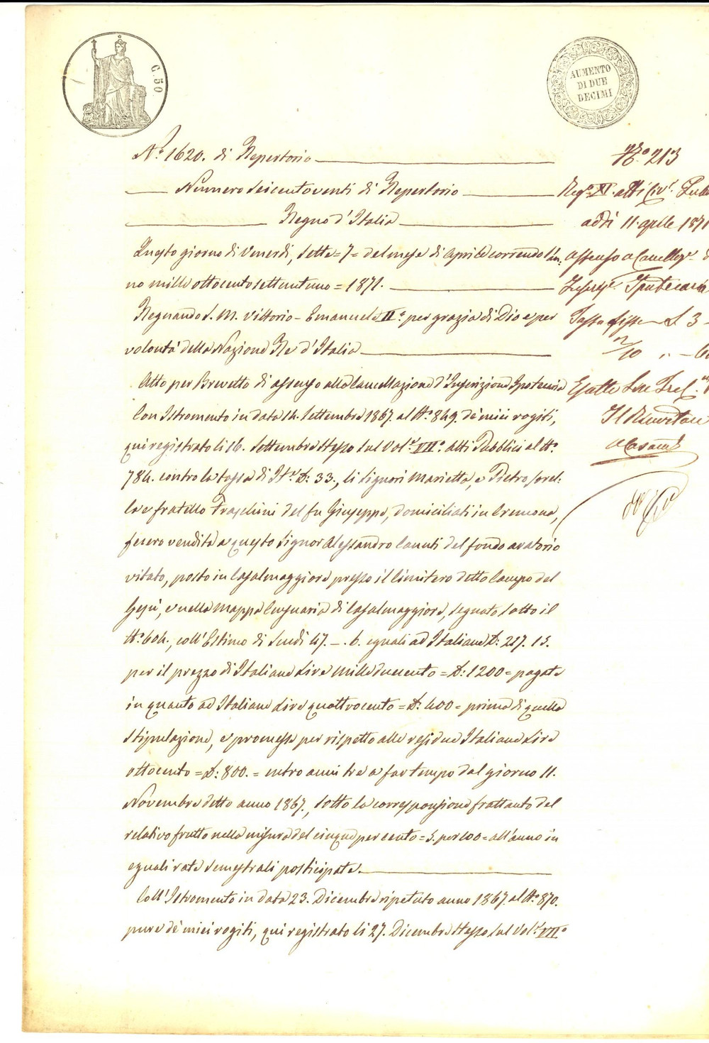 Documento originale, autentico 1871 CASALMAGGIORE Quietanza a Francesco MOGGIA per saldo acquisto fondo rurale 1