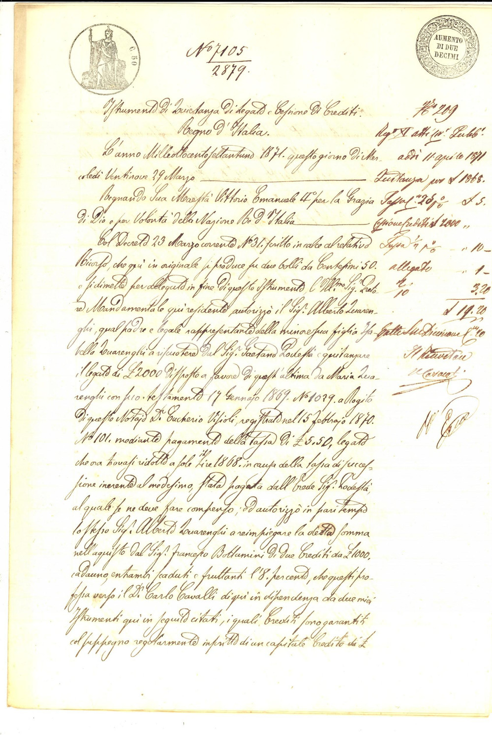 Documento originale, autentico 1871 CASALMAGGIORE Quietanza per legato pro minorenne Isabella QUARENGHI 1