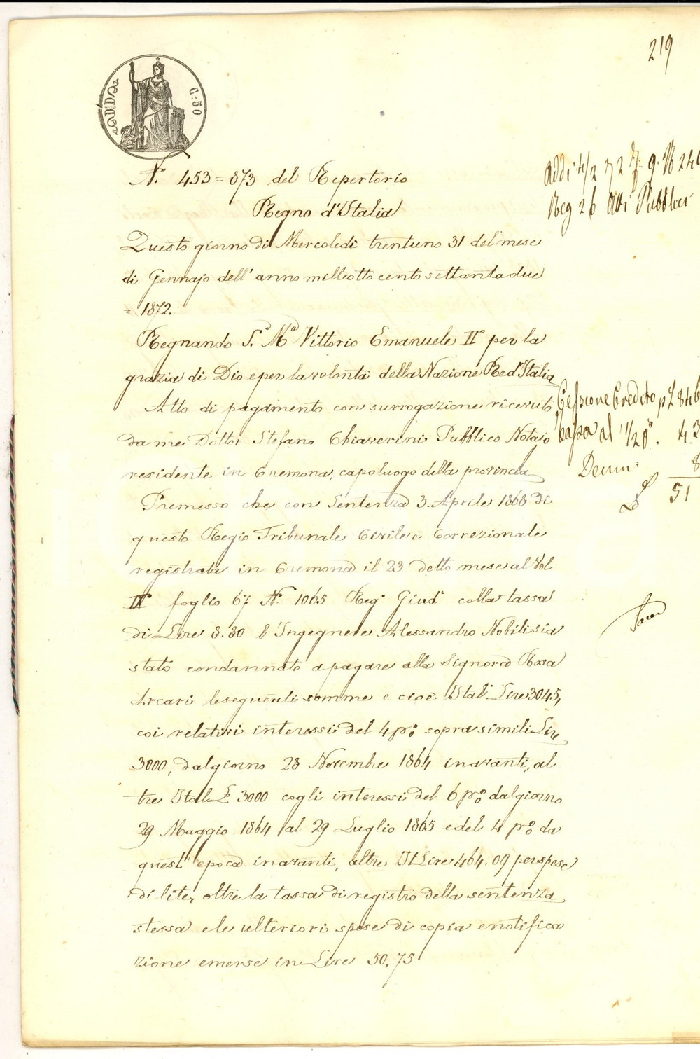 Documento originale, autentico 1872 CREMONA Cessione di credito Luigia VERGANI pro ing. Girolamo TREZZI 1