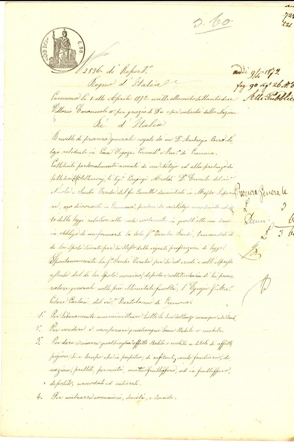 Documento originale, autentico 1872 CREMONA Procura generale di Teresa SACCHI a Cesare CARLONI Manoscritto 1