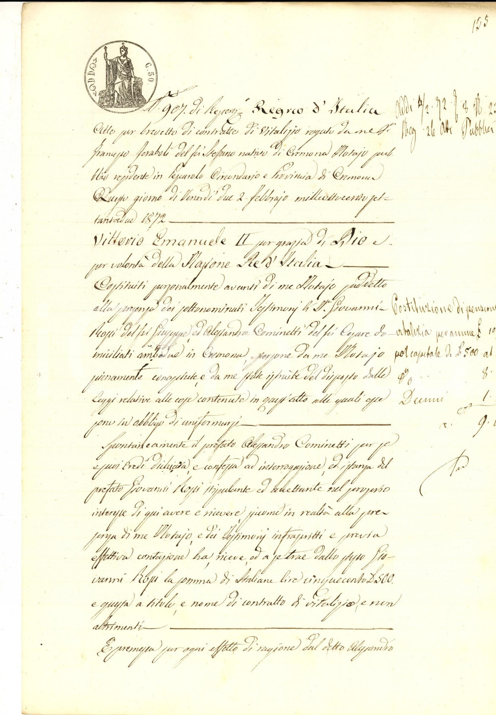 Documento originale, autentico 1872 CREMONA Costituzione di vitalizio Alessandro COMINETTI pro Giovanni ROSSI 1