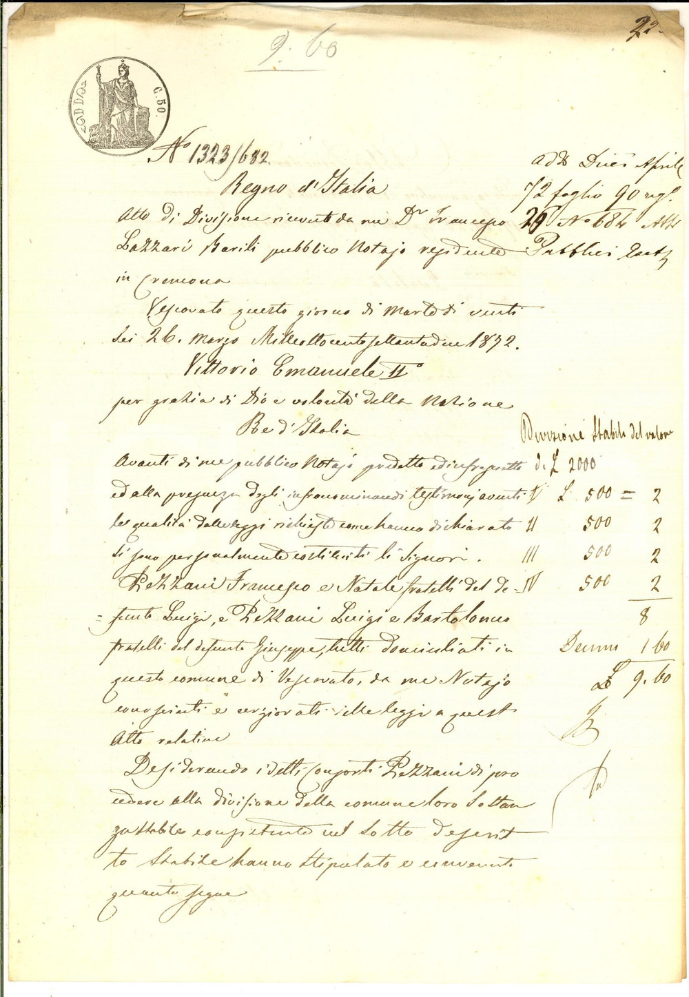 Documento originale, autentico 1872 VESCOVATO Divisione ereditaria beni del defunto Giuseppe PEZZANI 1