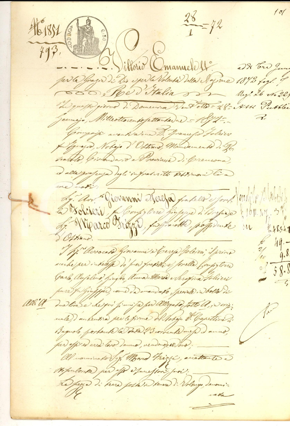 Documento originale, autentico 1872 VOLONGO CR Giovanni FOLCIERI vende terra MULINO a Marco FRIZZE 1