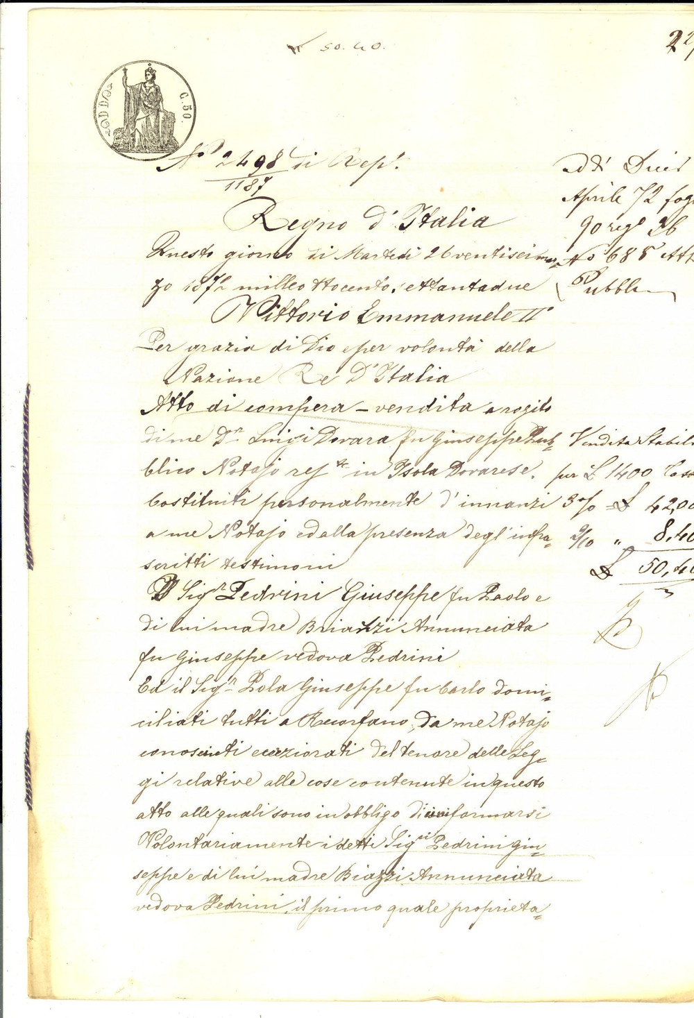 Documento originale, autentico 1872 RECORFANO CR Giuseppe PEDRINI vende terra aratoria a Giuseppe POLA 1
