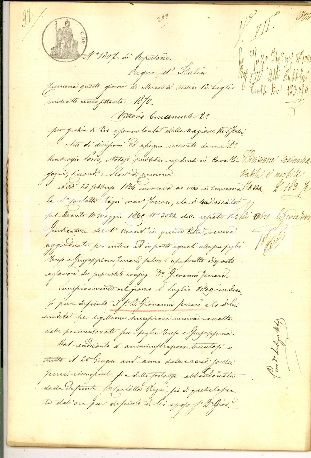 Documento originale, autentico 1870 CREMONA Divisione ereditaria beni di Carlotta RIZZI FERRARI Manoscritto 1