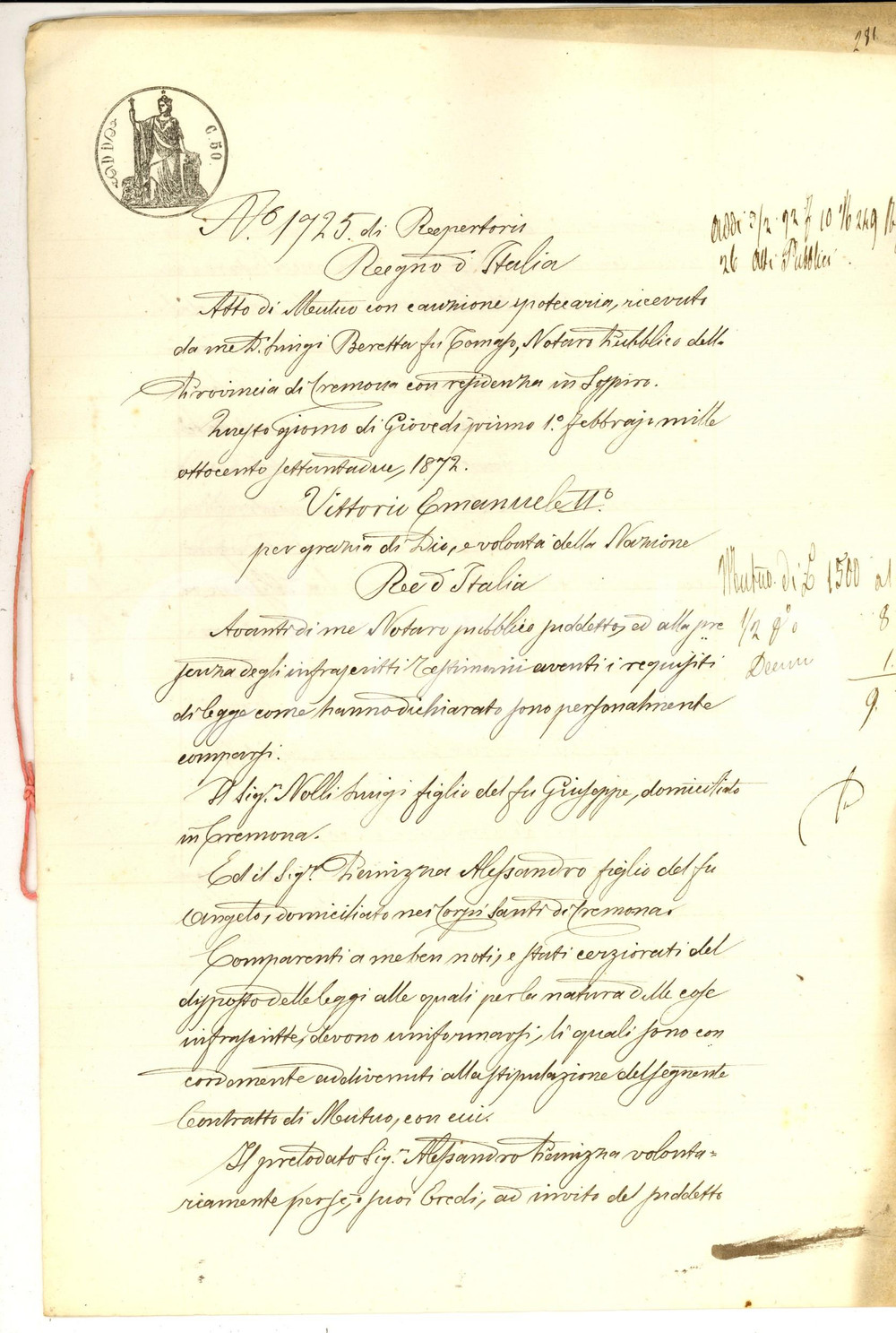 Documento originale, autentico 1872 CREMONA Contratto mutuo tra Alessandro PERNIZZA e Luigi NOLLI Manoscritto 1