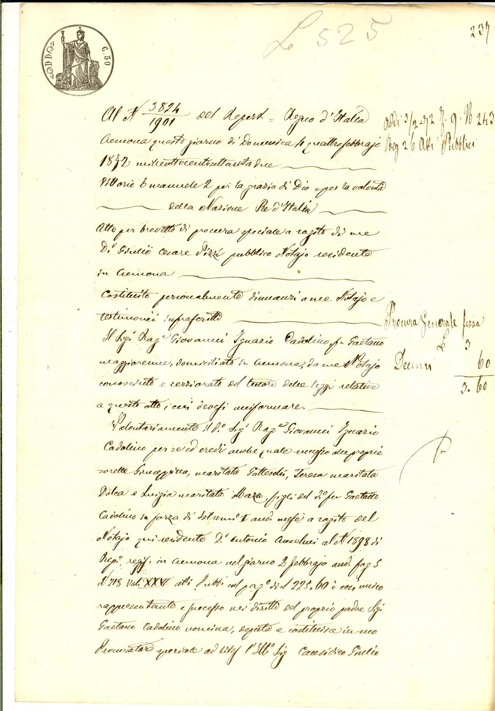 Documento originale, autentico 1872 CREMONA Procura di Giovanni Ignazio CADOLINO al padre Gaetano Manoscritto 1