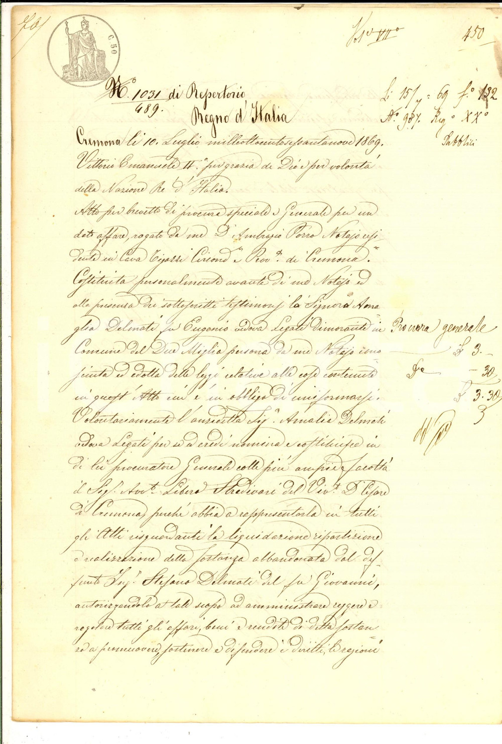 Documento originale, autentico 1869 DUEMIGLIA/ CREMONA Procura di Amalia DELMATI LEGATI a Libero STRADIVARI 1