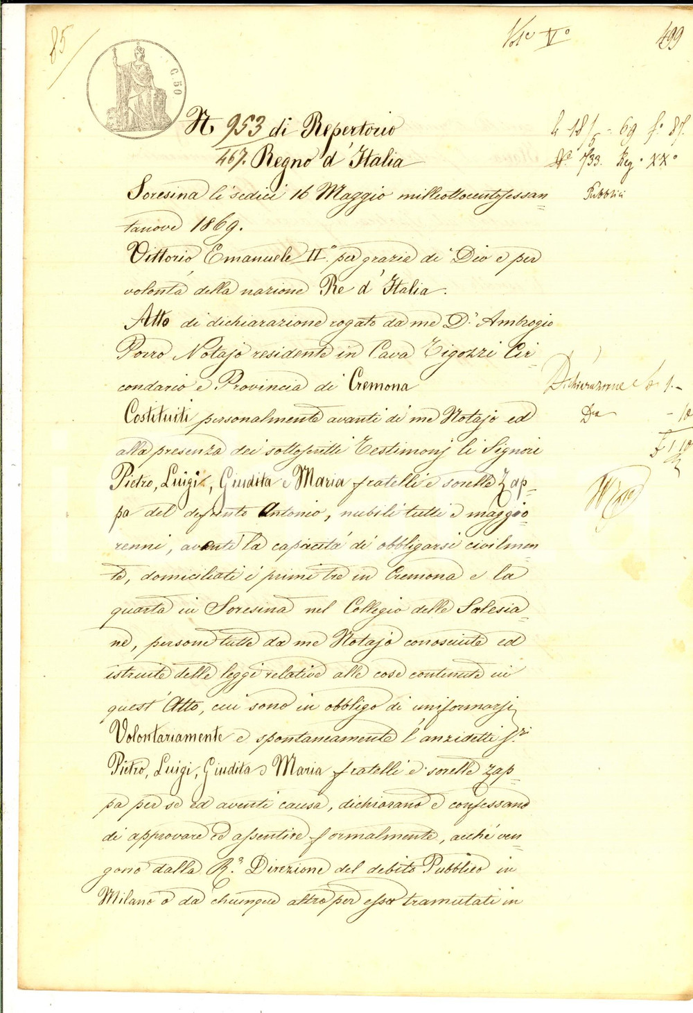 Documento originale, autentico 1869 CREMONA Certificati pro Giuseppe ZAPPA trasformati in cartelle di rendita 1