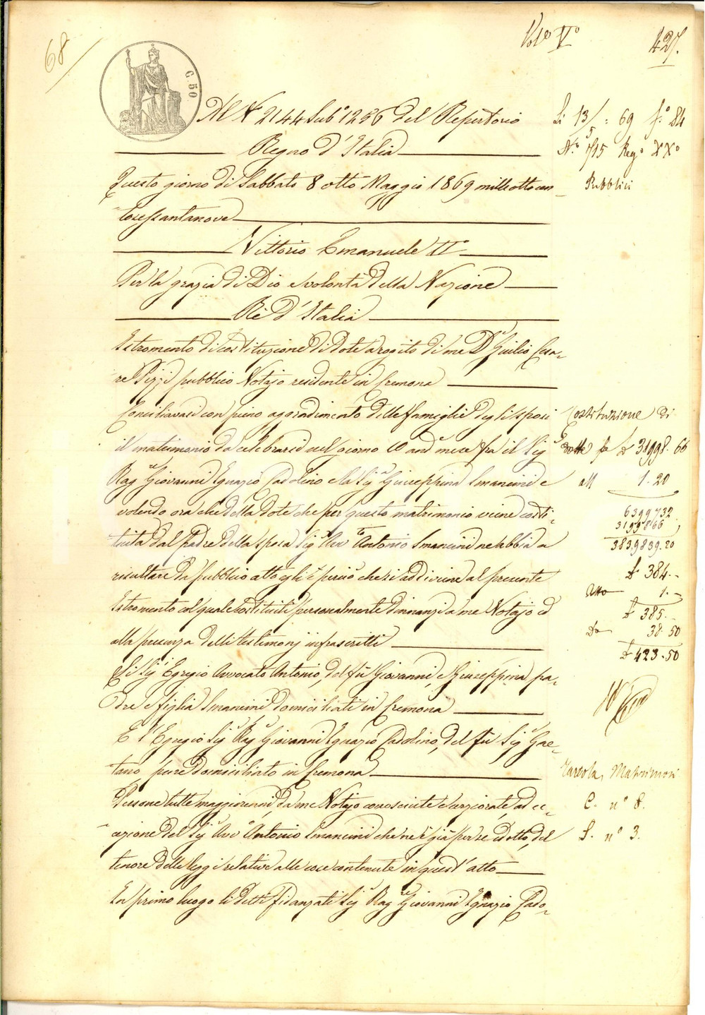 Documento originale, autentico 1869 CREMONA Costituzione di dote nozze Giuseppina SMANCINI  Giovanni CADOLINO 1