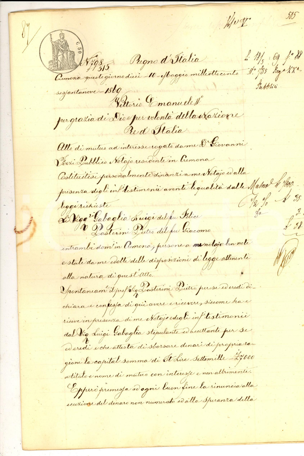 Documento originale, autentico 1869 CREMONA Pietro PASTORINI riceve prestito da Luigi GABAGLIAManoscritto 1