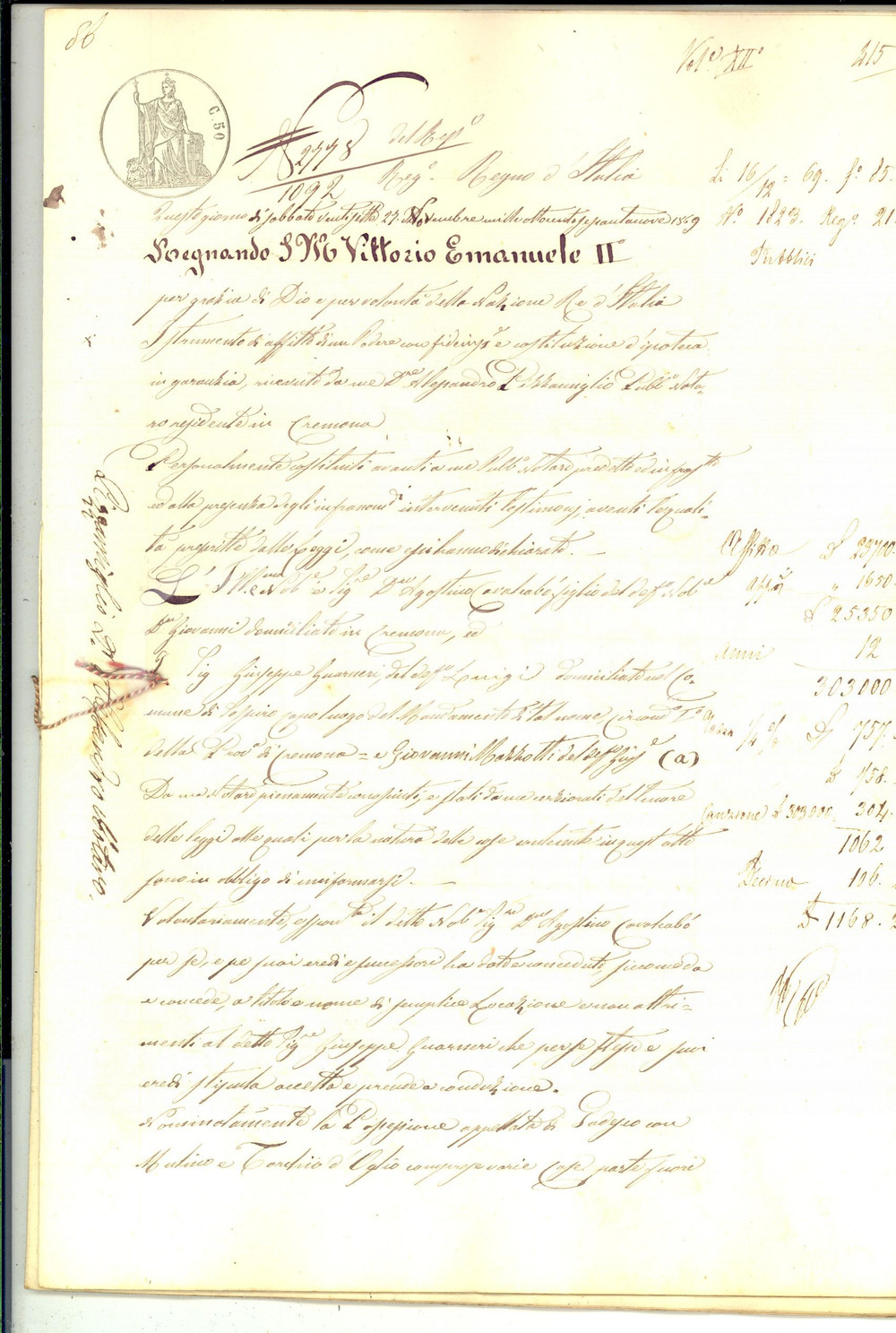 1869 GADESCO Agostino CAVALCABO' affitta podere con mulino a Giuseppe GUARNERI