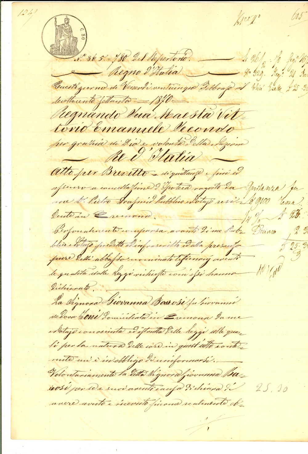1870 CREMONA Quietanza di Giovanna BAROSI a Stefano GUARNERI *Manoscritto