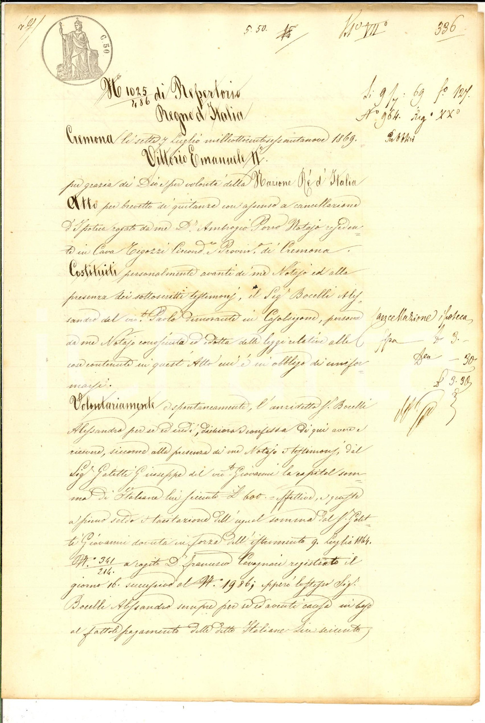 Documento originale, autentico 1869 CASALSIGONE Quietanza Alessandro BOCELLI a Giuseppe GALETTI Manoscritto 1