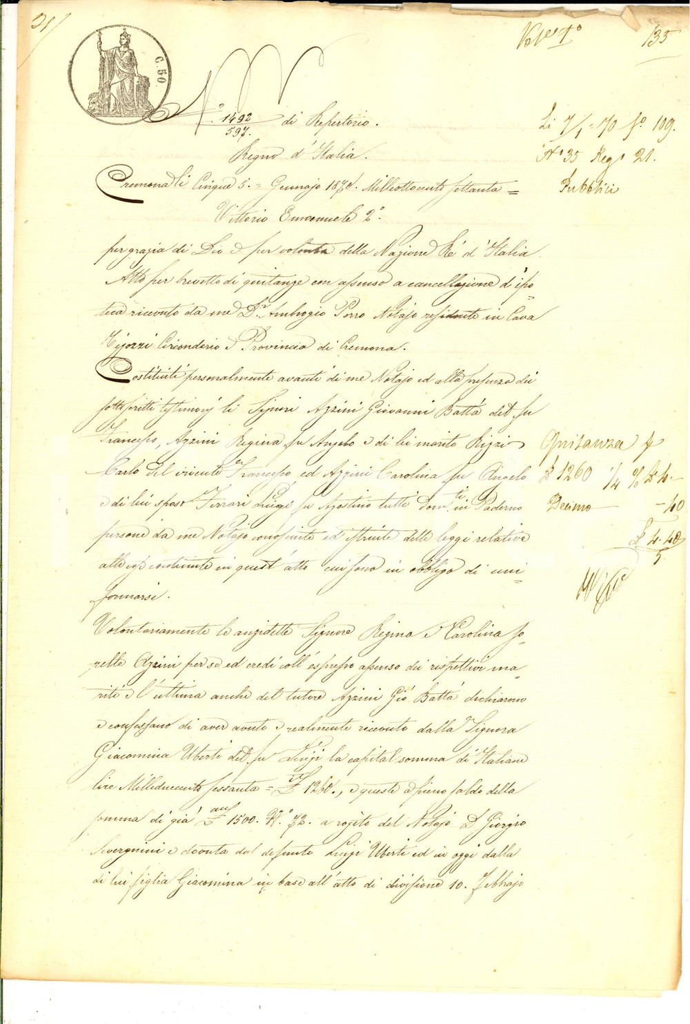Documento originale, autentico 1870 PADERNO CREMONESE Quietanza Regina e Carolina AZZINI a Giacomina UBERTI 1