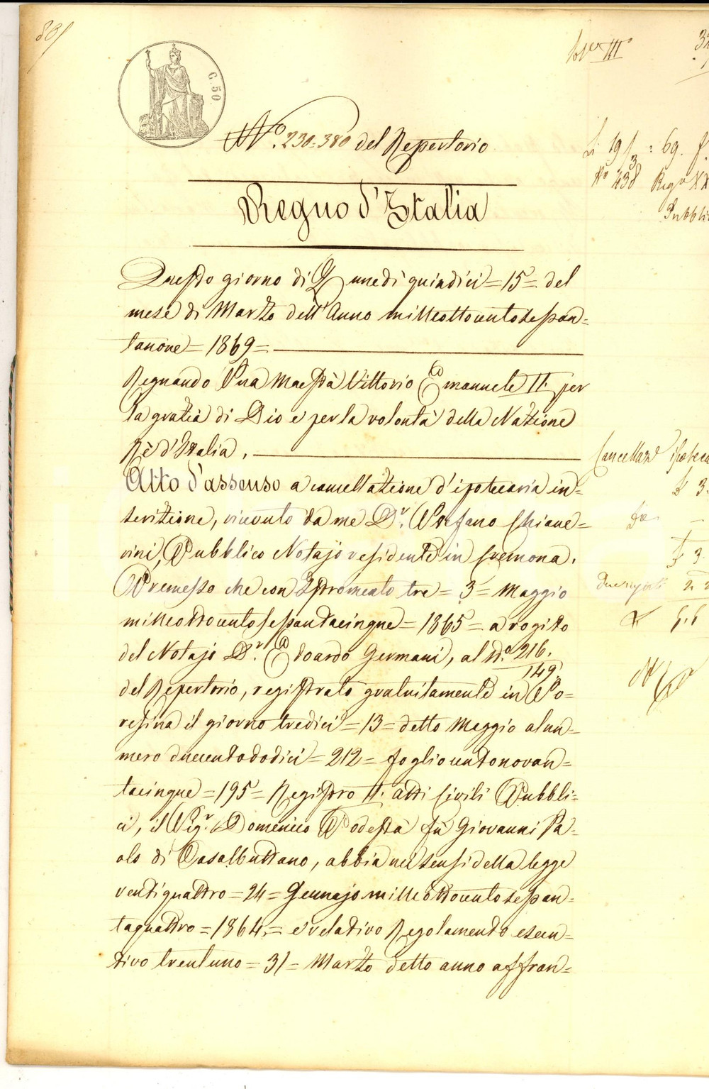 Documento originale, autentico 1869 CREMONA Quietanza Pietro BAROLI presidente della Congregazione di CaritÃ  1