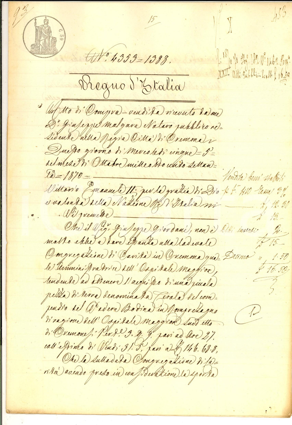 Documento originale, autentico 1870 CREMONA Ospedale Maggiore vende podere BADINA a Giuseppe GIORDANI 1