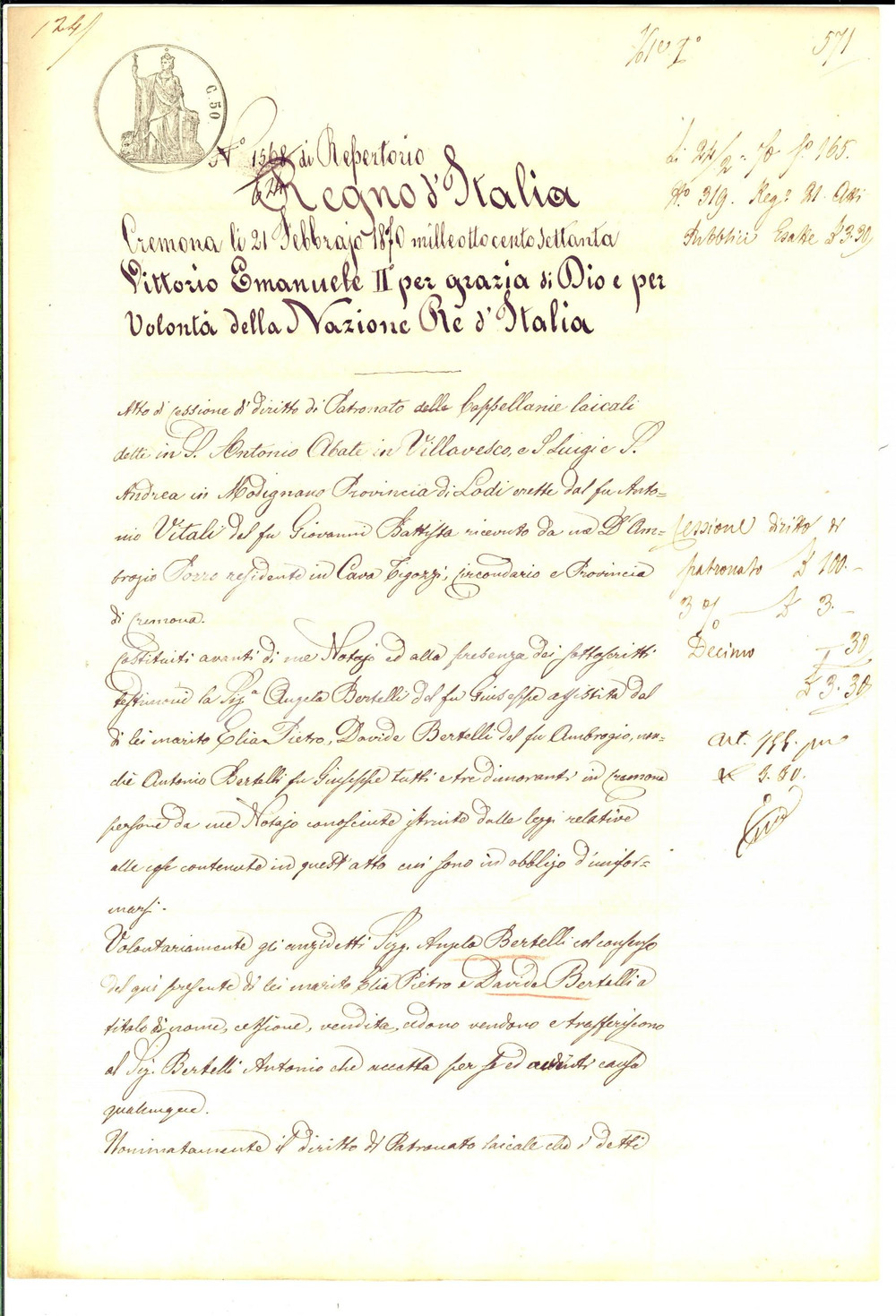 Documento originale, autentico 1870 CREMONA Cessione cappellanie di Antonio VITALI a VILLAVESCO e MODIGNANO 1